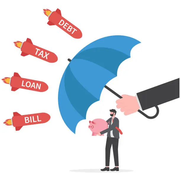 Vector illustration of Aid and protection. big hands holding red umbrellas protect business people