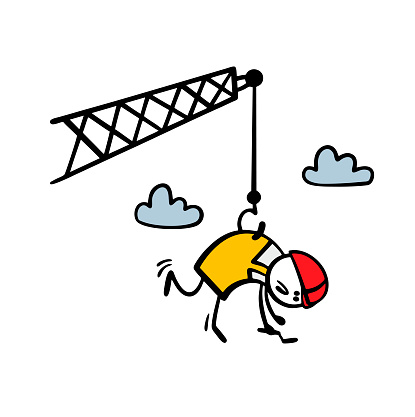 Careless builder got into an awkward situation. Crane hooked worker by his uniform and lifted him into the sky. Stickman in red helmet dangles high in air. Isolated vector cartoon on white.