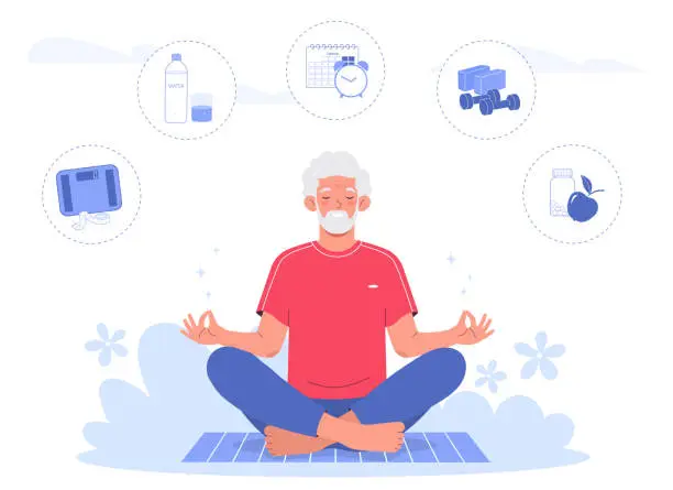 Vector illustration of Senior man doing yoga, sitting in the lotus position. Healthy lifestyle in old age.