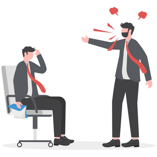 illustrazioni stock, clip art, cartoni animati e icone di tendenza di blame other people, work pressure at the office concept. an annoyed manager yells at employees using a megaphone. - complaining attitude megaphone business