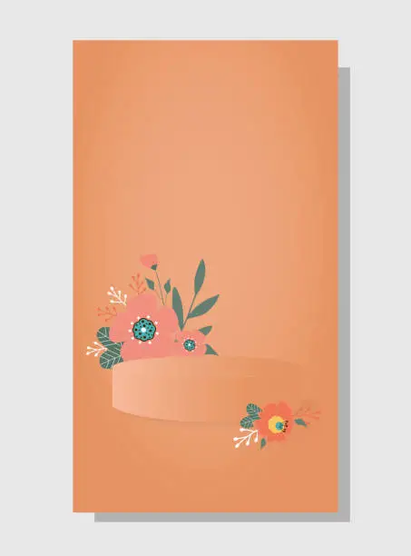 Vector illustration of Abstract background in trendy color 2024 Apricot Crush with flowers and stand (podium, pedestal).