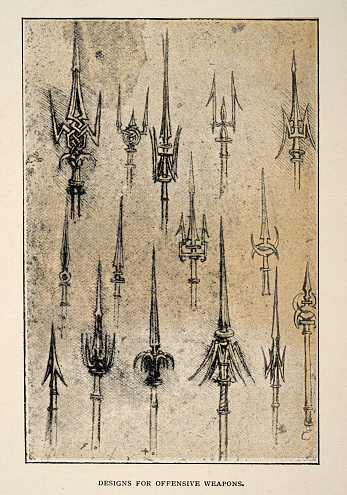 Vintage illustration Designs for weapons, Spears, Halbards, after a drawing by Leonardo da Vinci, renaissance art