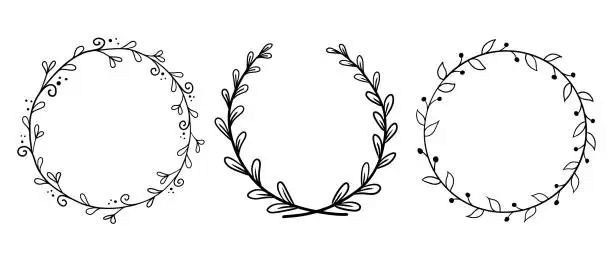 Vector illustration of Doodle contour hand drawn floral round frames