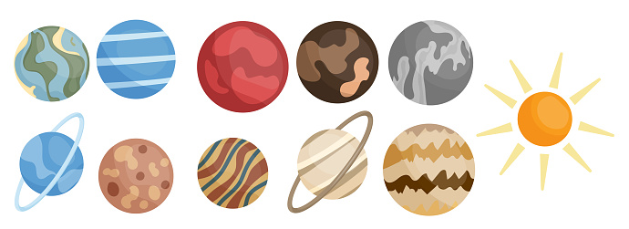 Cute Solar System planets set. Moon, Sun and other planets illustration. Vector giants Jupiter and Saturn, Uranus, Neptune, Pluto, Mercury, Venus and Earth, Mars cliparts