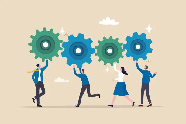 Vector illustration of Work together, teamwork or cooperate to success, solution to team support for best efficiency or productivity, development or organization concept, businessman people connect gear cogwheels together.