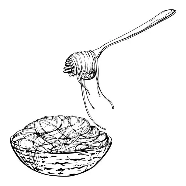 Vector illustration of Hand drawn vector ink illustration. Pasta Italian eating dish spaghetti vermicelli noodles twisted on fork and in bowl. Composition isolated on white. Restaurant menu, food shop package, flyer, print.