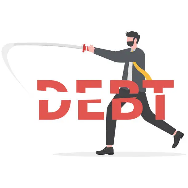 Vector illustration of Cut debt. Businessman cut debt alphabet with sword, cost reduction concept