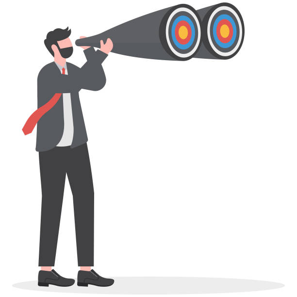 search for business target or goal, mission or objective to achieve, discover purpose or find strategy to reach goal or destination concept, businessman look through telescope to find target or goal. - magnifying glass scrutiny challenge exploration stock illustrations