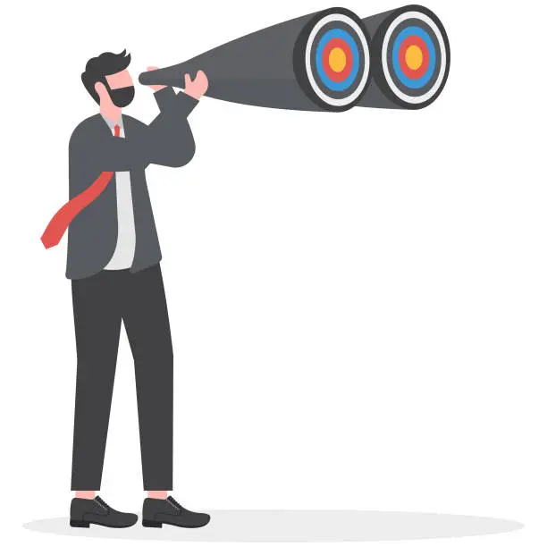 Vector illustration of Search for business target or goal, mission or objective to achieve, discover purpose or find strategy to reach goal or destination concept, businessman look through telescope to find target or goal.