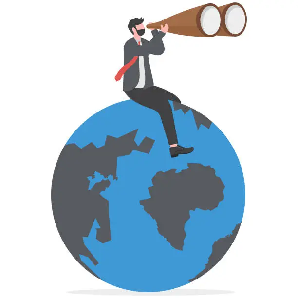 Vector illustration of World economic vision or international opportunity for business, work or investment, searching for oversea business concept, smart businessman sit globe using binoculars looking for future vision.