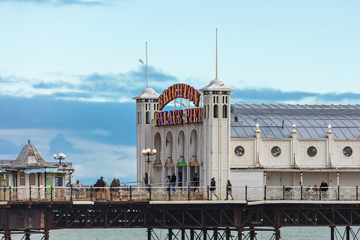Brighton, United Kingdom - Nov 12, 2023: The Brighton Marine Palace and Pier is an amusement park in Brighton. Brighton is one of the largest and most famous seaside resorts in England.