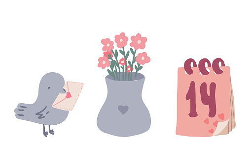 Bird Flowers and calendar flat design Valentines day 14 February. Vector illustration