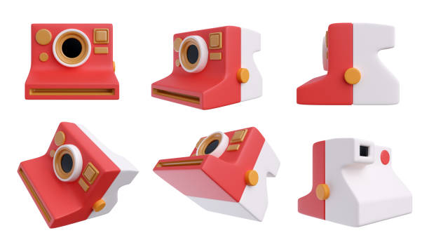istock Cartoon vivid photo camera various view isolated on white background. Set realistic bright elements. 3d illustration. 1924331814