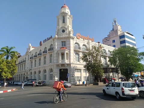 Yangon, Myanmar - January 12, 2020: Headquarter of Ayeyarwady Bank in Yangon, Burma Myanmar, sited at former Rowe and Co Building, which was constructed in 1910 and once the biggest and oldest department store in Asia