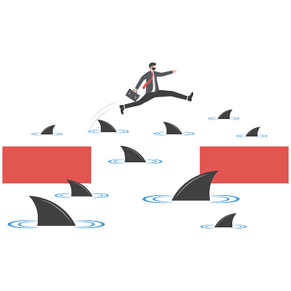 Businessman jumping over shark in water. Concept financial crisis