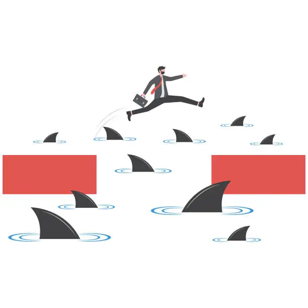 Vector illustration of Businessman jumping over shark in water. Concept financial crisis