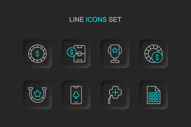 illustrations, cliparts, dessins anim�és et icônes de billet de loterie de ligne fixe, machine à sous de casino avec trèfle, jeu de table de poker en ligne, fer à cheval, jetons, coupe de trophée, argent de pari sur le football et icône de dollar. vecteur - cards symbol clover horse