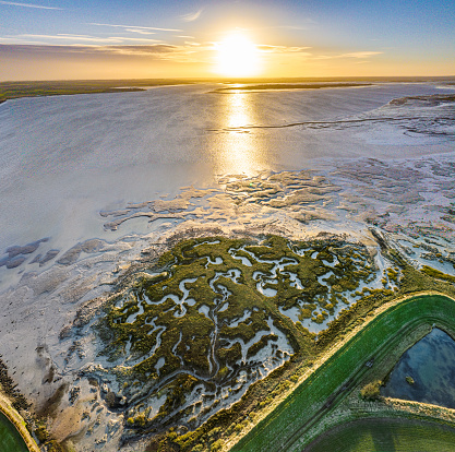 Aerial photo from a drone of a small patch of salt marsh on The River Blackwater, Essex, UK.