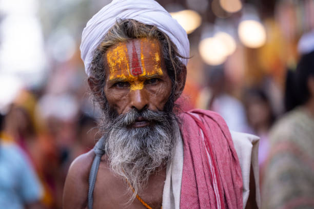 indian sadhu in pushkar fair - camel fair stock-fotos und bilder