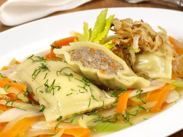 Maultaschen with Meat Stock, Vegetables and Onions