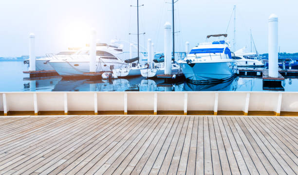 Background of pier with yachts and wood platform
