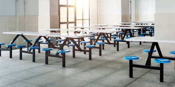 School cafeteria with many empty seats and tables