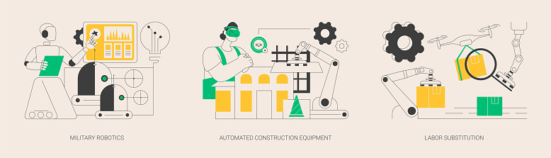 Artificial intelligence in industry abstract concept vector illustration set. Military robotics, automated construction equipment, labor substitution, smart machinery, robotization abstract metaphor.