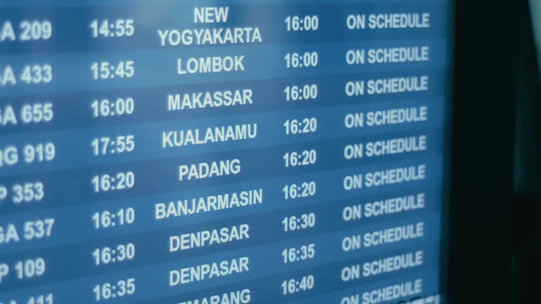 The flight schedule screen of various cities in Indonesia shows updates on the status of delays and airplane codes