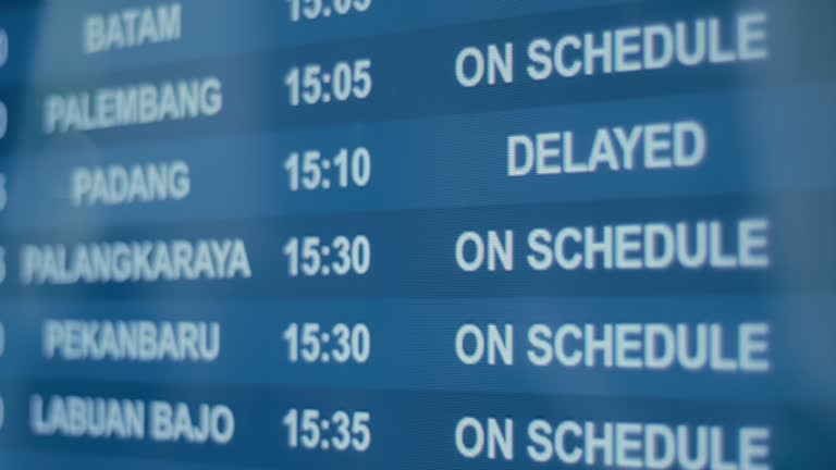 Screens of flight schedules for various cities in Indonesia show updates on the status of flight delays and arrivals at the airport while people pass by