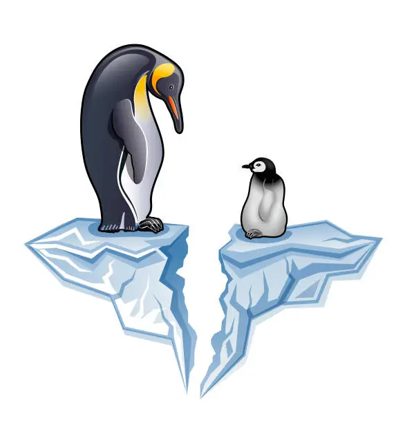 Vector illustration of Antarctica King penguin with chick or fledgling standing on broken Iceberg illustration