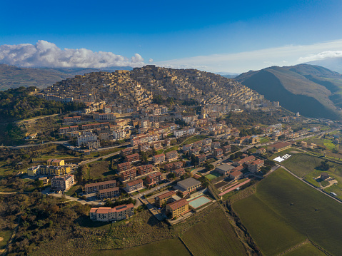 A drone perspective of the landmark hilltop town of Gangi in central Sicily