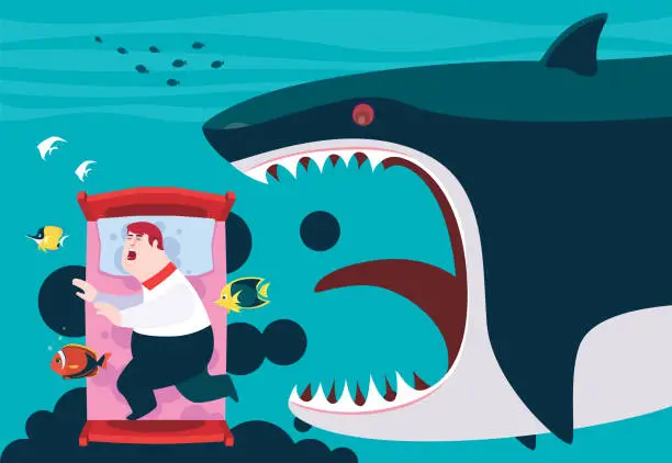 Vector illustration of fat man having nightmare of angry shark chasing him