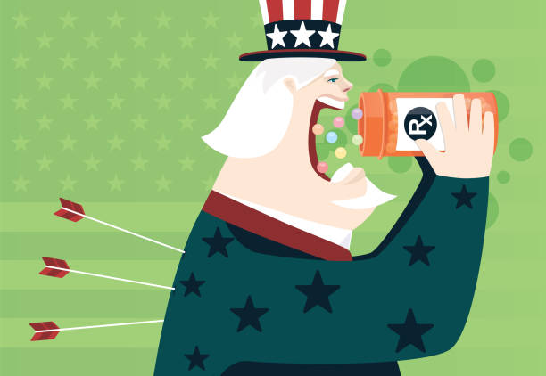 ilustrações de stock, clip art, desenhos animados e ícones de injured uncle sam taking pills - president men cartoon old