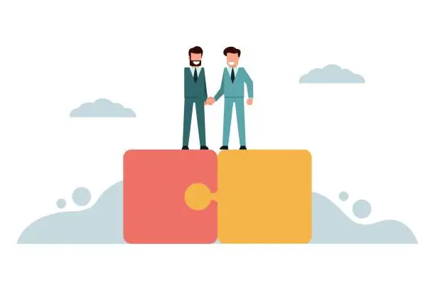 Vector illustration of Successful businessman making deals, shaking hands, and solving jigsaw puzzles. A collaboration of business people or partners who agree to help the business succeed together. Vector illustration