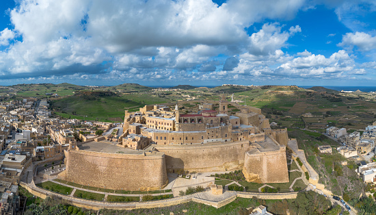 Victoria, Malta - 20 December, 2023: drone view of the Cittadella fortress in Victoria on Gozo Island in Malta