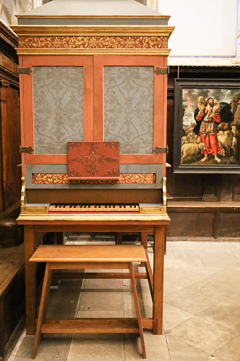 Cuenca, Spain- December 10, 2023: Old pianola in the Cathedral of Cuenca, Spain