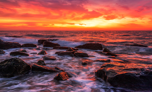 Amazing red sunrise over the sea.