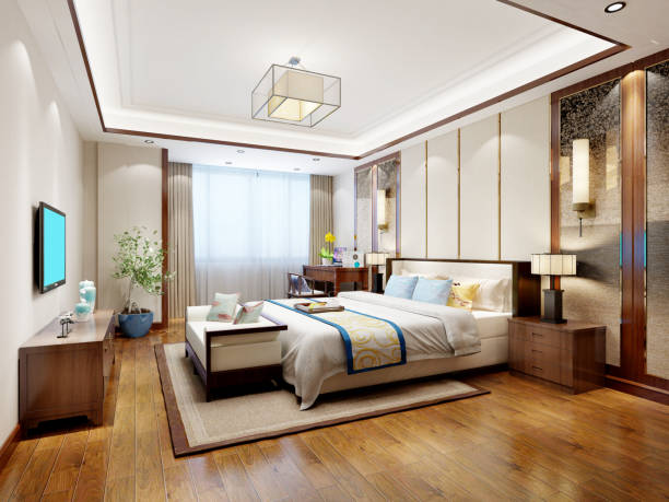 istock 3d render of hotel room, bedroom 1924441806