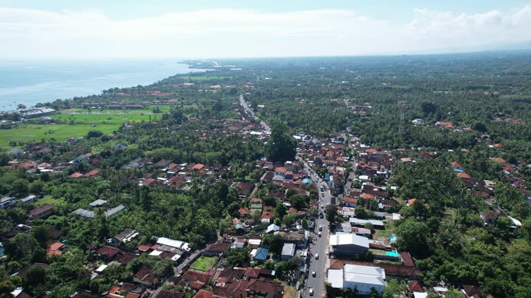 Village and road, coastal area of northwestern Bali, aerial panorama
