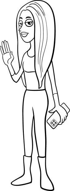 Vector illustration of cartoon young woman character with smart phone coloring page