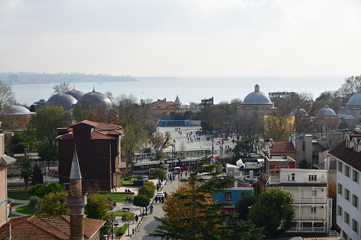 Istanbul, Turkey - December 11, 2023: View from rooftop on historical district Sultanahmet in Istanbul.