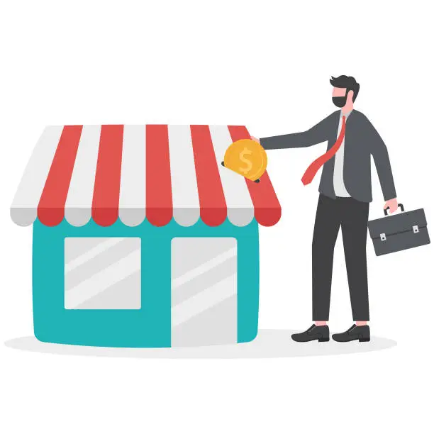 Vector illustration of Funding small business, backing startup project or banking loan to start new business, investment or saving to open new shop concept, businessman hand funding by put coin into small business store.