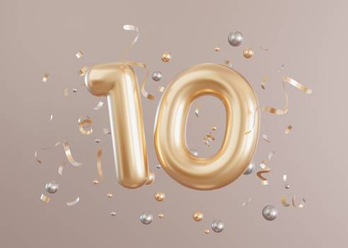 Golden shiny number ten and confetti on beige, neutral background. Symbol 10. Tenth birthday party, business anniversary. Festive event. Elegant, luxury numbers. 3D render