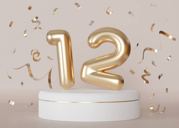 Golden shiny number twelve on beige, neutral background with falling down confetti. Symbol 12. Invitation for a twelfth birthday party or business anniversary. 3D Render.