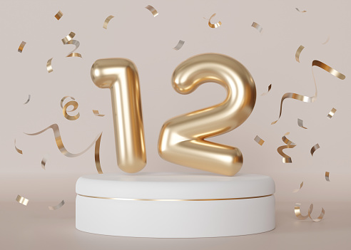 Golden shiny number twelve on beige, neutral background with falling down confetti. Symbol 12. Invitation for a twelfth birthday party or business anniversary. 3D Render