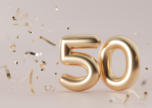Golden, shiny number fifty on beige, neutral background with falling confetti. Symbol 50. Invitation for a fiftieth birthday party or business anniversary. 3D render