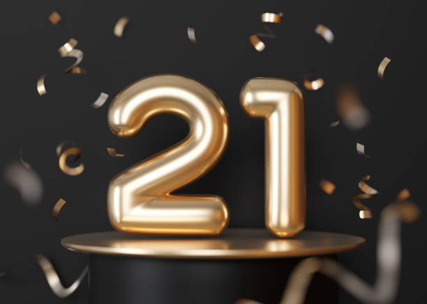 istock Golden, shiny number twenty one on black background with falling down confetti. Symbol 21. Invitation for a twenty-first birthday party or business anniversary. 3D Render. 1924490976