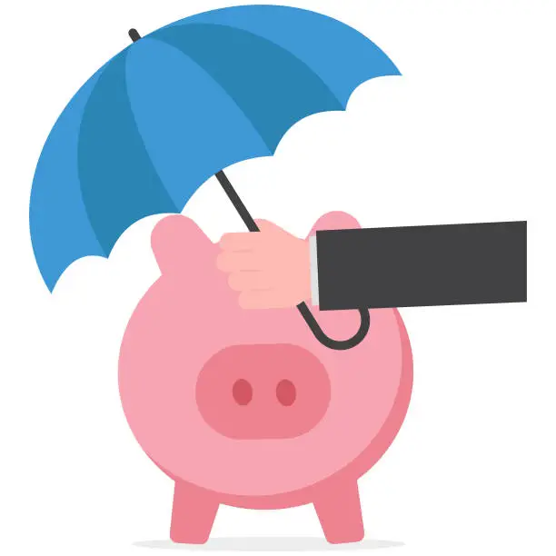 Vector illustration of Insurance and finance saving protection in economy crisis, safety investment or all weather portfolio concept, confidence businessman investor with his piggy bank safety money covered by big umbrella.