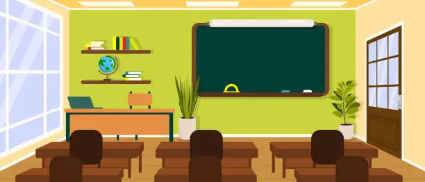 Vector illustration of Vector illustration of a beautiful interior of a school room. Cartoon scene of a school room with blackboard, chalk, protractor, teacher's desk, bookshelves, globe, desks for students, flower pots.