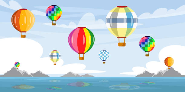 Vector illustration of a beautiful landscape with air balloons. Cartoon scene with colorful air balloons in the sky among clouds and horizon with greenery, sea with reflection of balloons. Vector illustration of a beautiful landscape with air balloons. Cartoon scene with colorful air balloons in the sky among clouds and horizon with greenery, sea with reflection of balloons. ballast stock illustrations